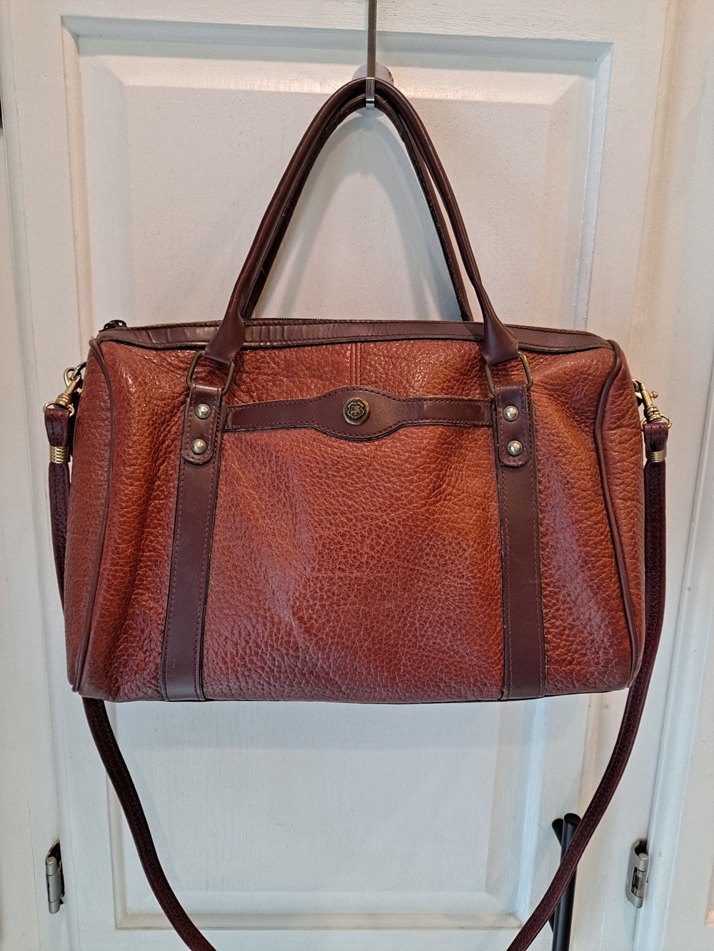 John Romain Vintage Pebbled Leather Satchel Crossbody Bag Ginger Red Brown